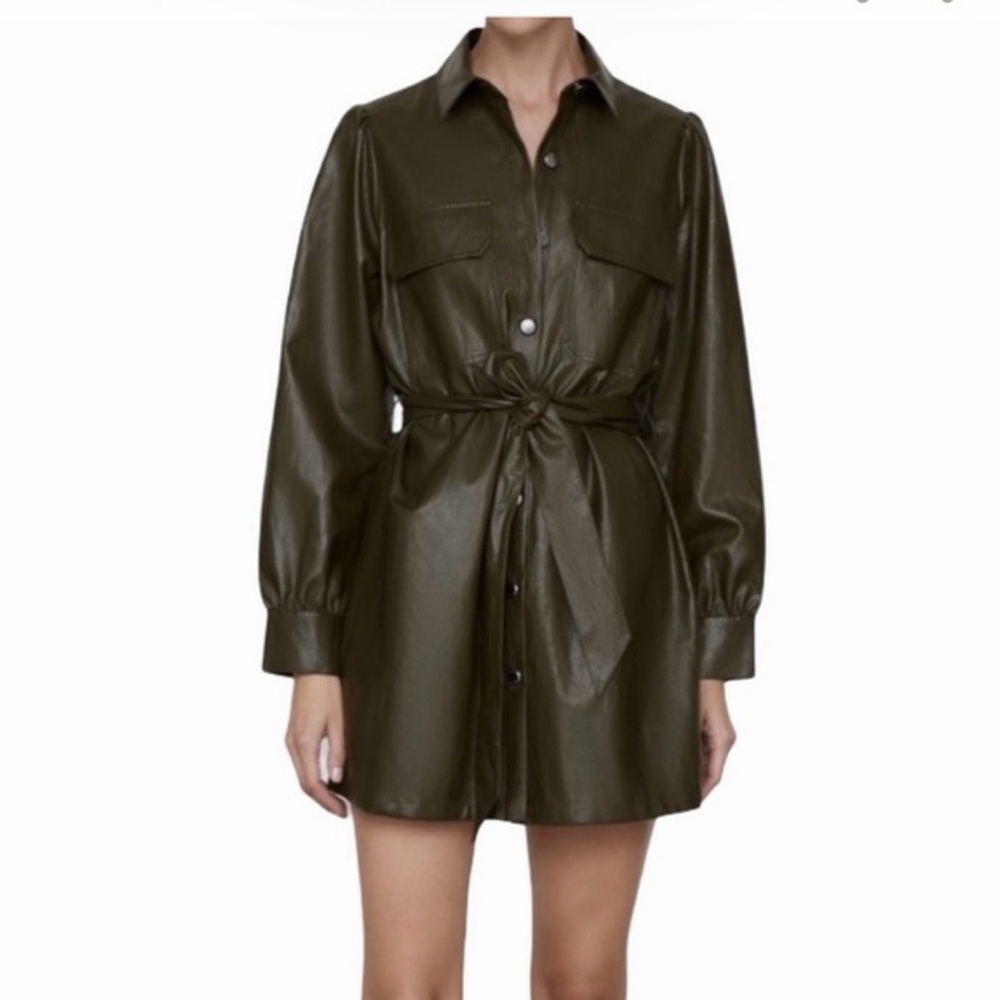 Zara Olive Green Faux Leather Belted Shirt Jacket